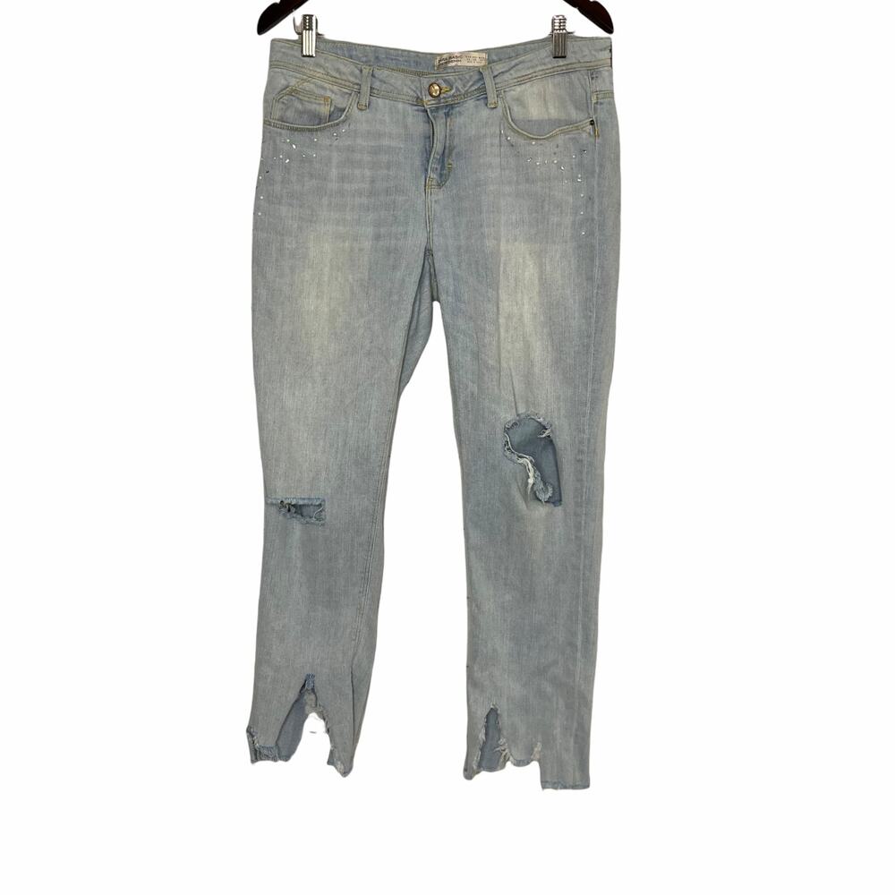 Zara Basic Z1975 Light Wash Pearl Embellished Cropped Ripped Jeans 6/28
